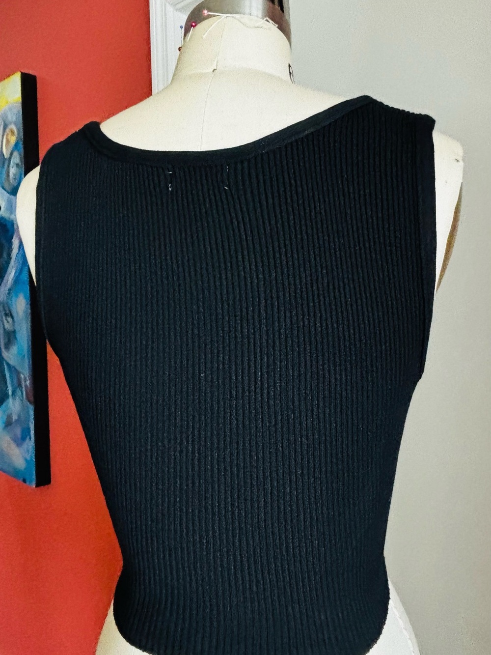 NWOT - Rhinestone Safety Pin Trim Black Ribbed Tank - Picture 3 of 5